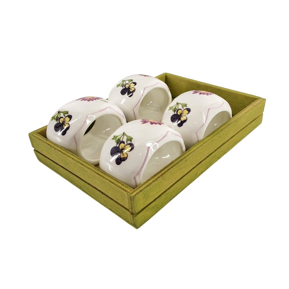 Vintage 1986 Pia Bone China Napkin‎ Rings Set of 4 Floral with Display Tray